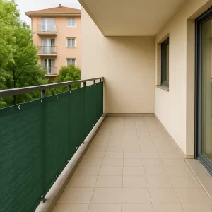 Telo ombreggiante verde per balcone con occhielli e bordatura rinforzata