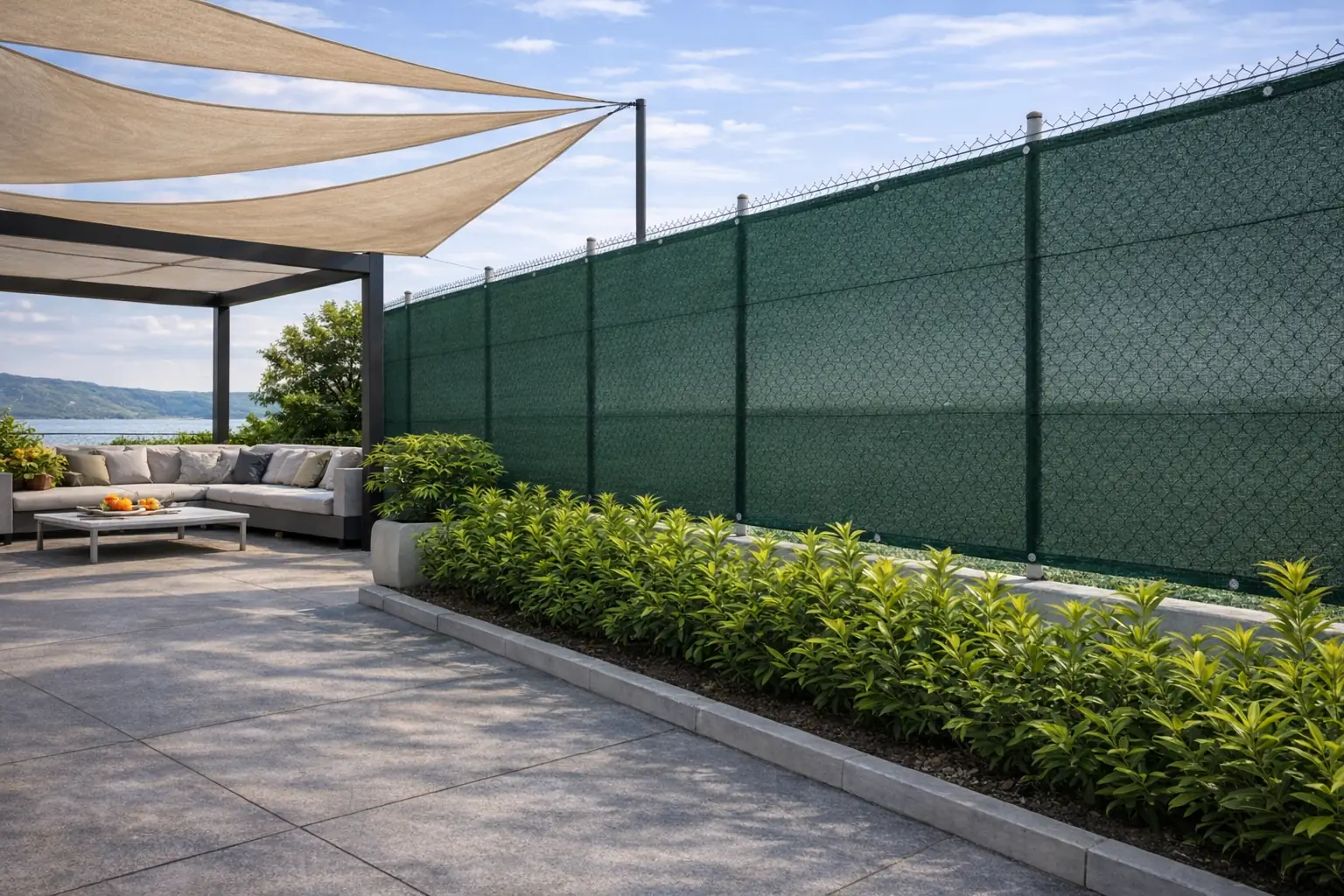 Telo ombreggiante verde su recinzione con vele ombreggianti su pergola