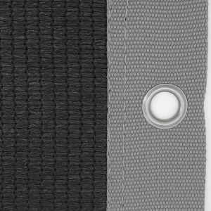 Dettaglio telo ombreggiante antracite con bordo rinforzato e occhiello metallico per fissaggio