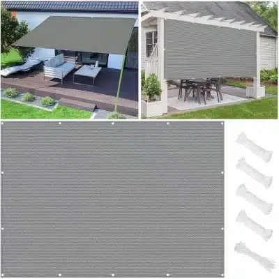 Vela ombreggiante installata su pergolato e patio da giardino, con accessori per il montaggio inclusi