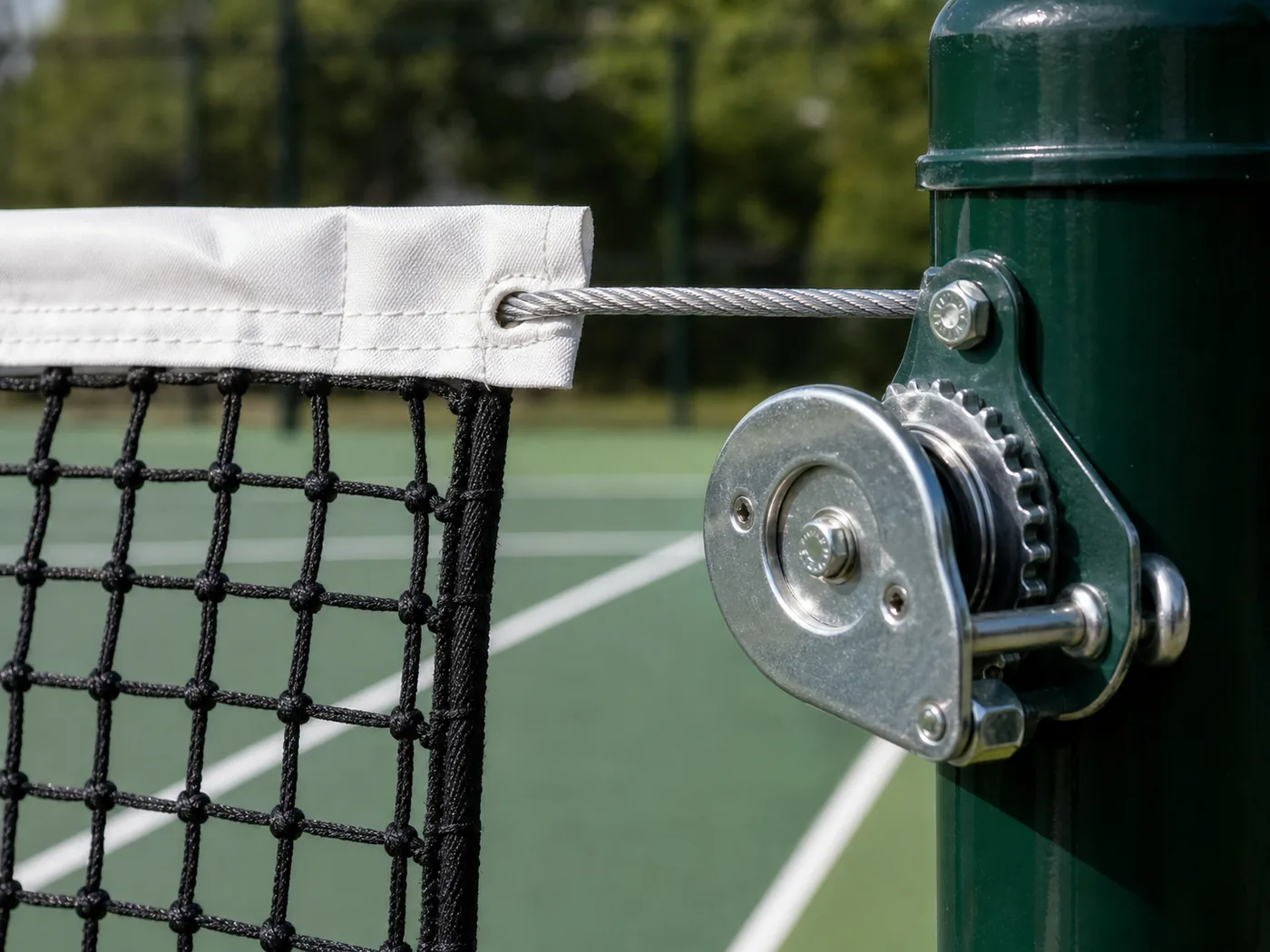Dettaglio cavo zincato teso nella fascia superiore della rete tennis