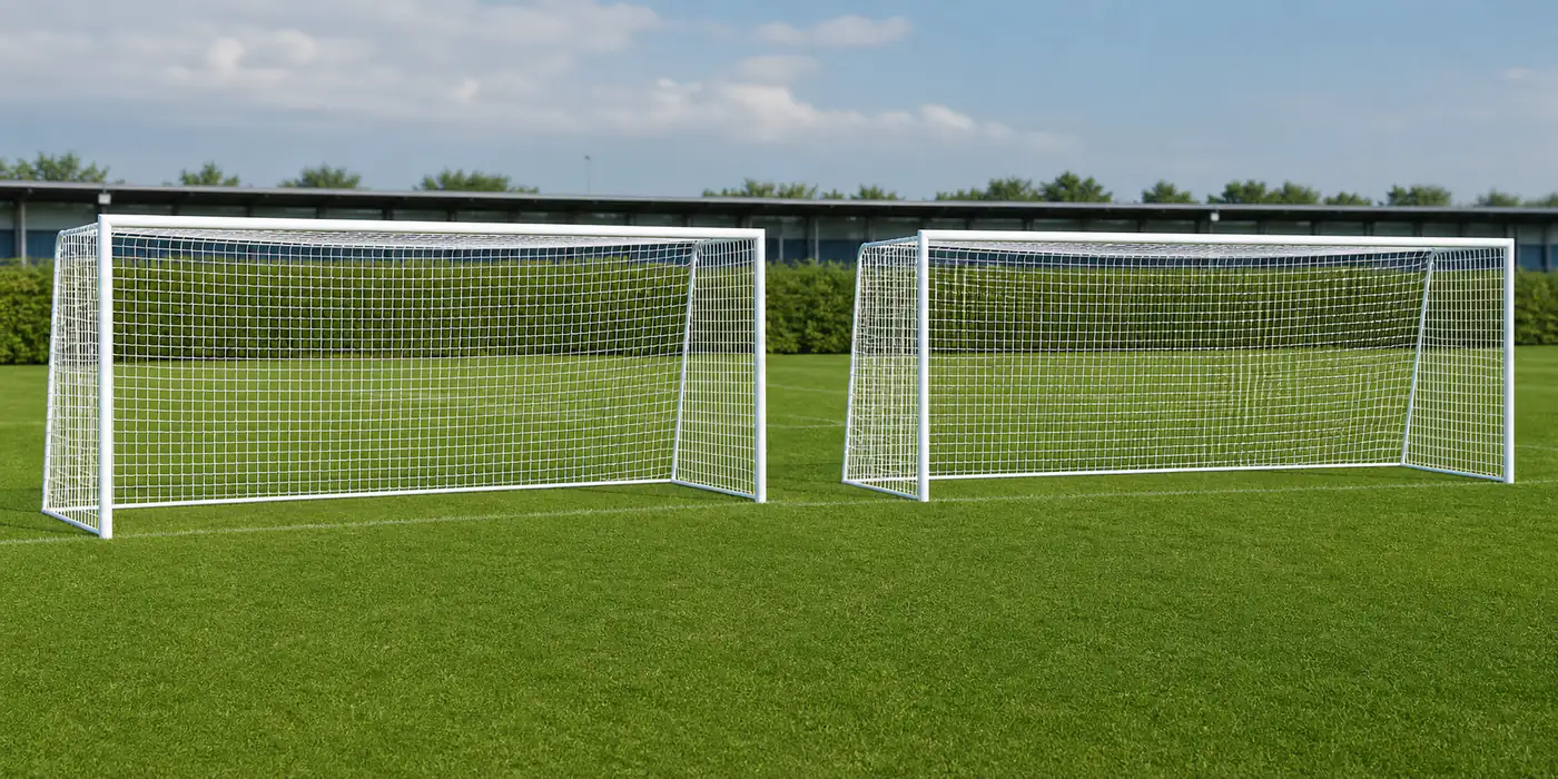 Due reti calcio Champions Top in polipropilene 6 mm su porte regolamentari
