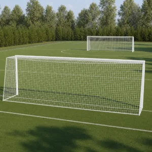 Due reti calcio European Top in polietilene montate su porte regolamentari
