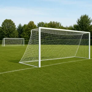 Due reti calcio Olimpic in nylon 5 mm montate su porte regolamentari