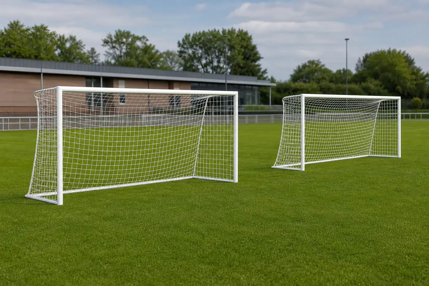 Due reti per porte da calcio ridotte 630 x 230 cm montate sul campo