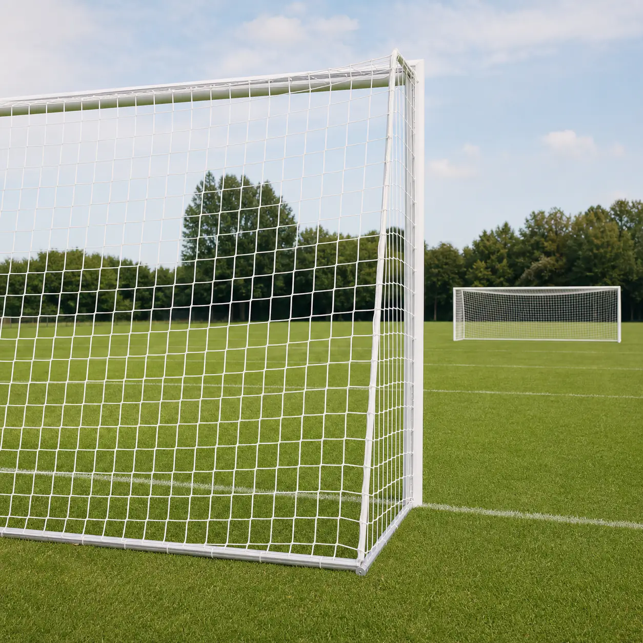 Coppia di reti bianche World Cup installate su porte da calcio regolamentari