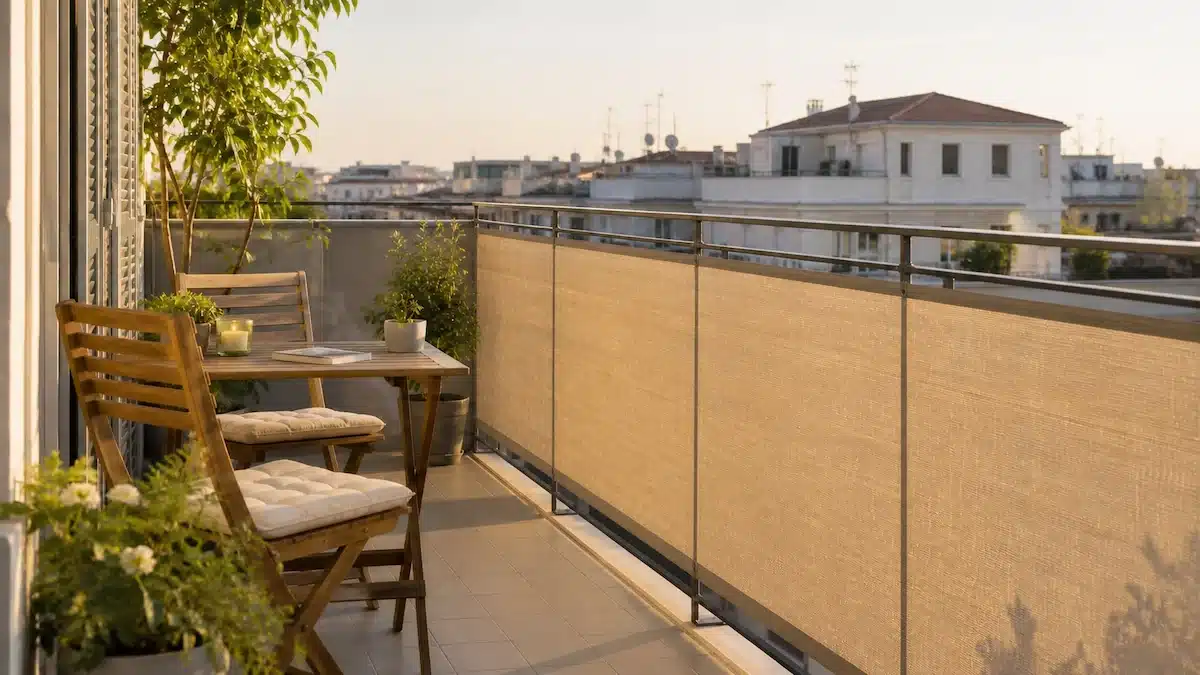 Frangivista balcone beige con occhielli installato su ringhiera metallica