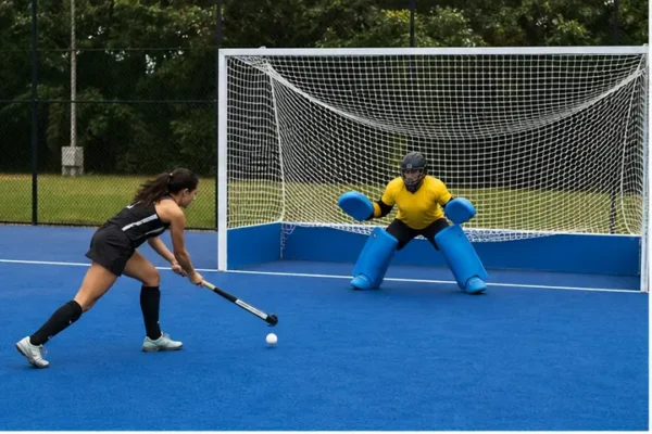 Giocatrice tira verso una porta da hockey con rete di protezione.