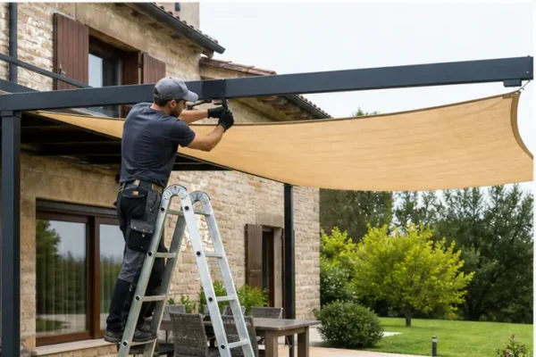Installazione reale di un telo ombreggiante beige su misura su una pergola da giardino.