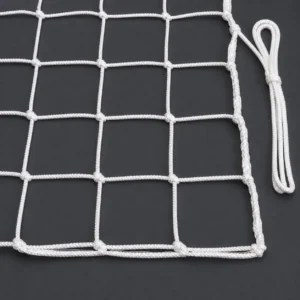 Maglia quadrata bianca 130 x 130 mm in polietilene HD con nodo, filo Ø 4 mm e corda di aggancio