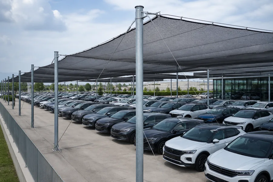 Rete antigrandine professionale sopra le automobili di una concessionaria