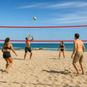 Rete beach volley economica con bordo rosso installata su un campo in sabbia