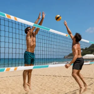 Rete beach volley extra con bande personalizzabili installata durante una partita