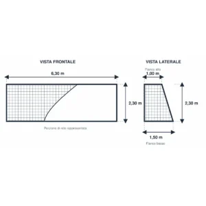 Schema misure rete per porte da calcio ridotte 630×230 cm con fianco alto 1 m e fianco basso 1,50 m