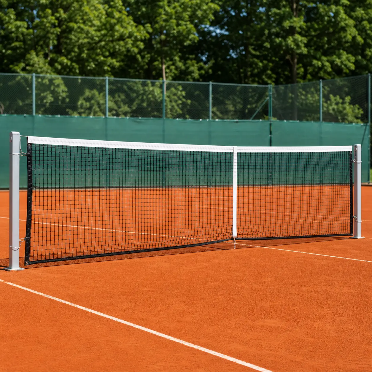 Rete tennis Basic rinforzata installata su campo in terra battuta