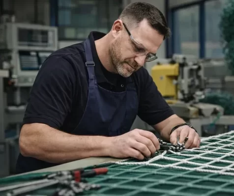 Lavorazione artigianale di rete di protezione su misura realizzata in laboratorio MondoReti