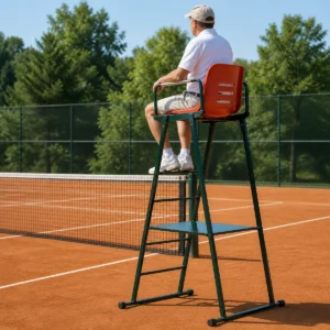 Seggiolone per arbitro tennis in acciaio utilizzato a bordo di un campo in terra battuta