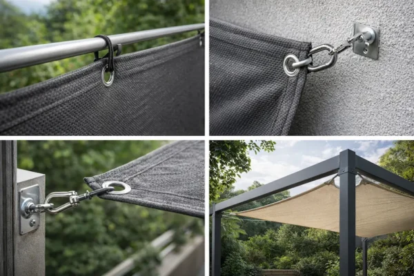 Teli ombreggianti con occhielli su misura installati su pergola e recinzione