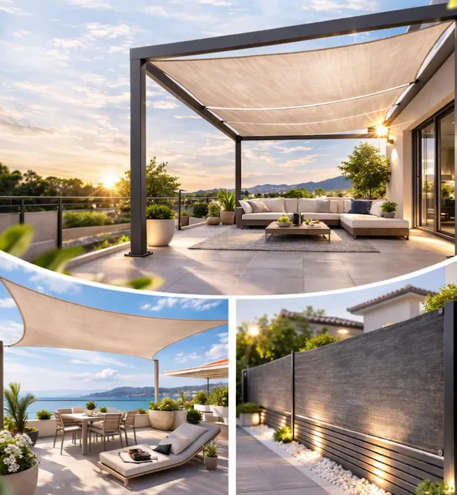 Teli ombreggianti su misura per pergole e terrazzi, vele ombreggianti triangolari e telo frangivista verde per recinzioni giardino