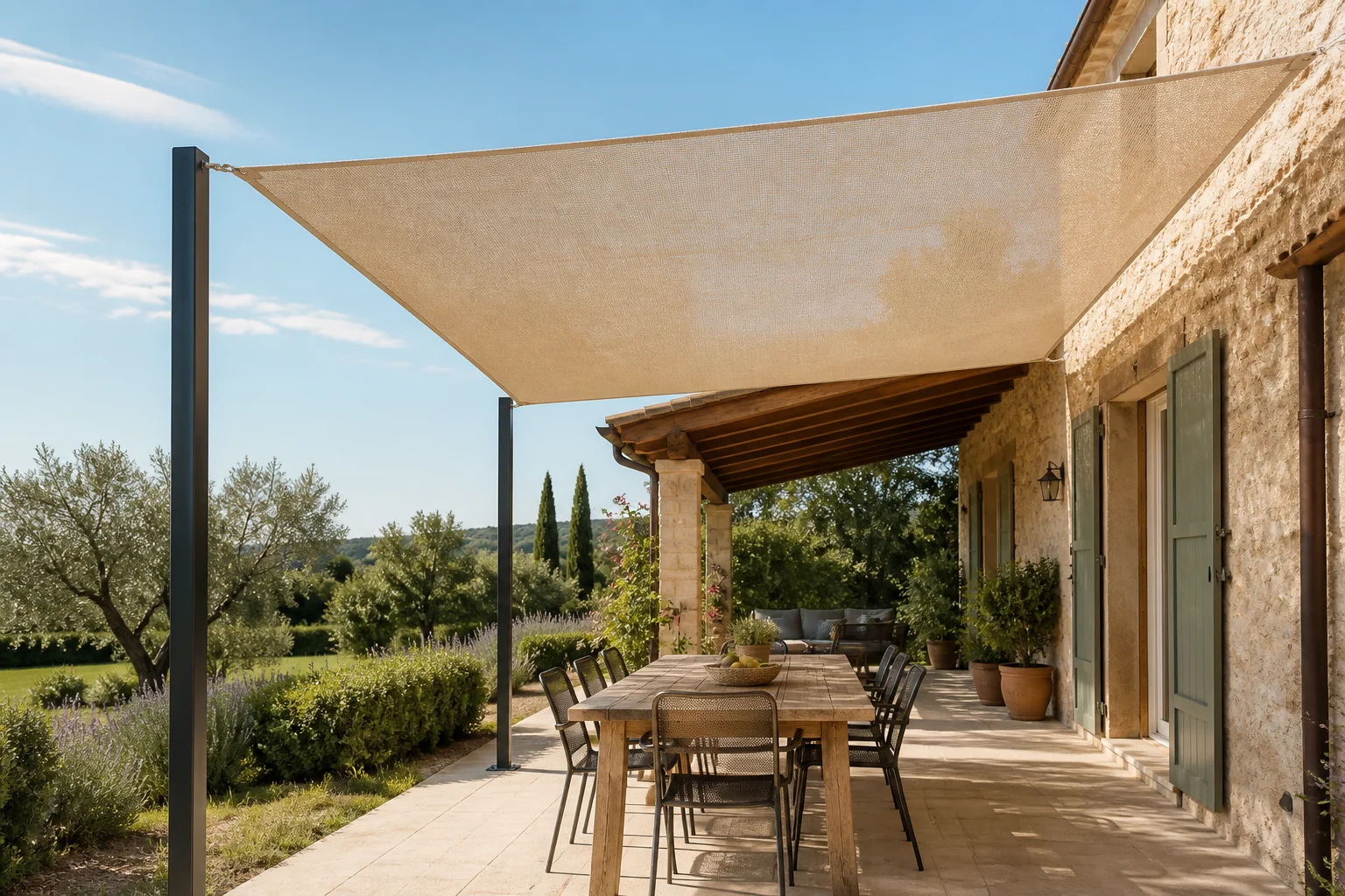 Telo ombreggiante beige rettangolare installato sopra un patio con giardino