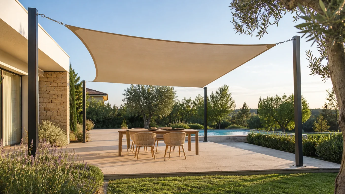 Vela ombreggiante beige su misura su terrazza moderna con tavolo esterno, pali scuri e piscina